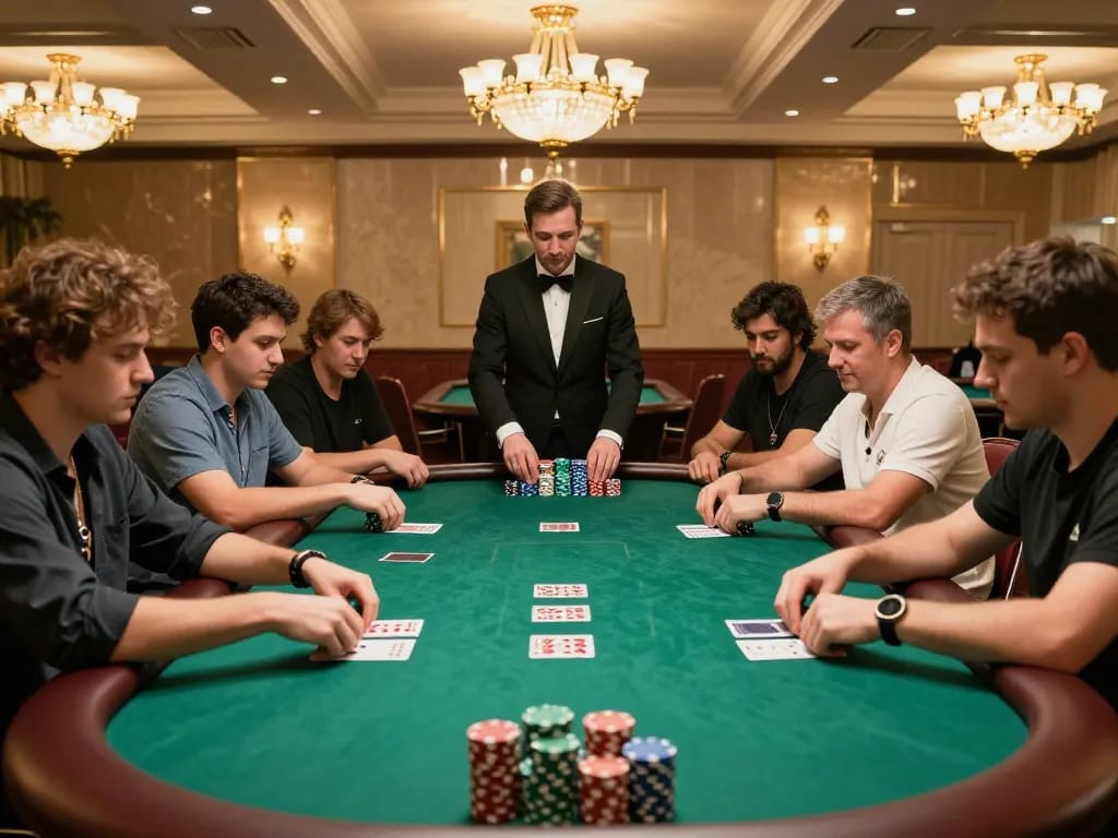 Vipwin players strategizing in a luxurious poker room during an exciting game night.