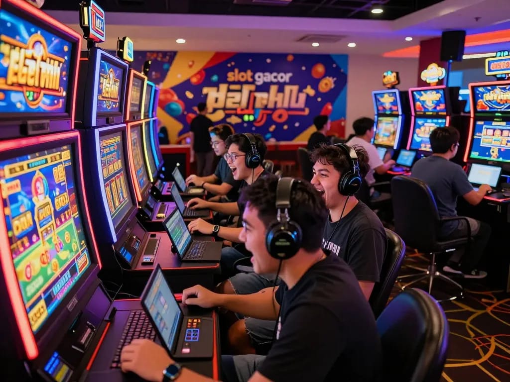 Excited players enjoying vibrant slot gacor games in a lively online casino.