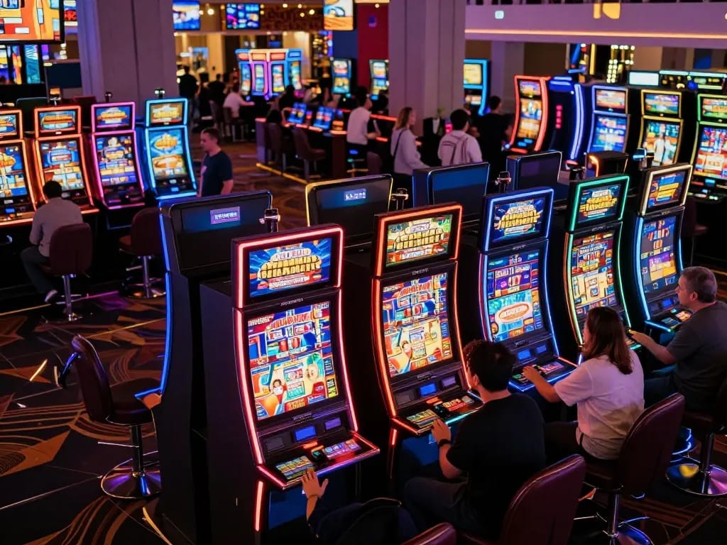 Players enjoying colorful slot machines at Jus77 casino, showcasing thrilling gaming experience