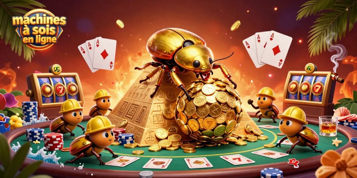 Jouez aux machines à sous en ligne avec des symboles de casino dans une scène dynamique et colorée.
