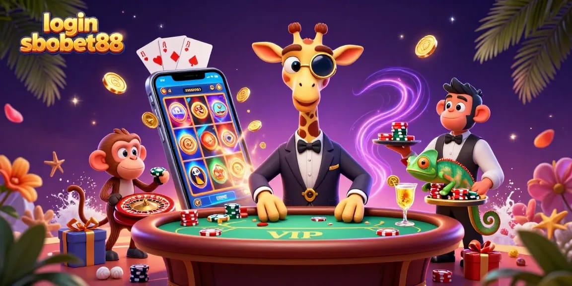 Experience gaming excitement with login sbobet88 at this vibrant casino illustration.
