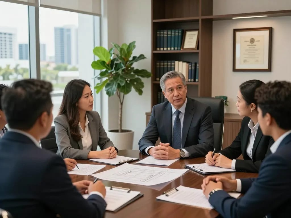 Boca Raton Construction Litigation Lawyer consulting contractors in a modern office