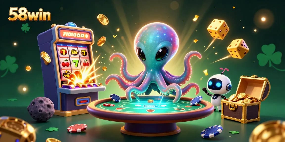 Experience 58win's vibrant casino scene as the alien octopus operates a holographic poker table.