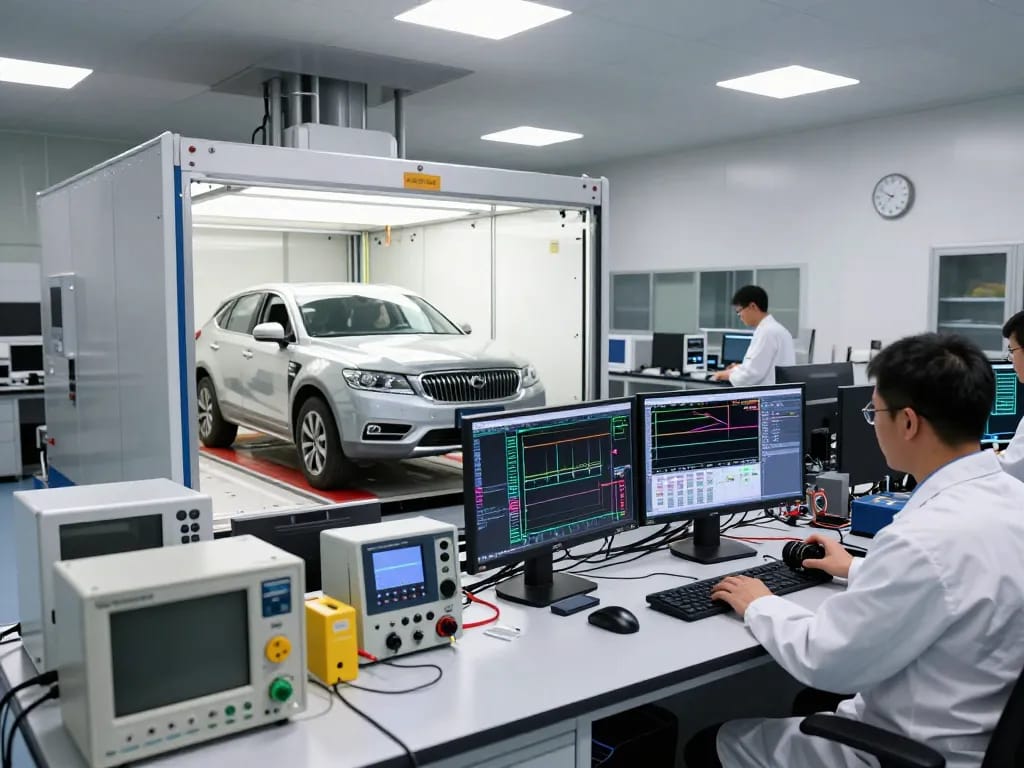 Vehicle EMC testing in a high-tech laboratory with technicians conducting tests.
