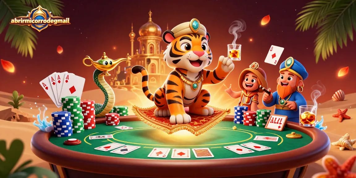 Experience thrilling adventures with abrirmicorreodegmail amidst vibrant poker scenes featuring a magical sultan and casino elements.