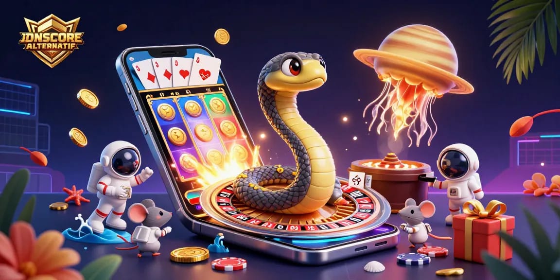 Engage with IDNSCORE ALTERNATIF, featuring cosmic characters in a vibrant online casino setting.