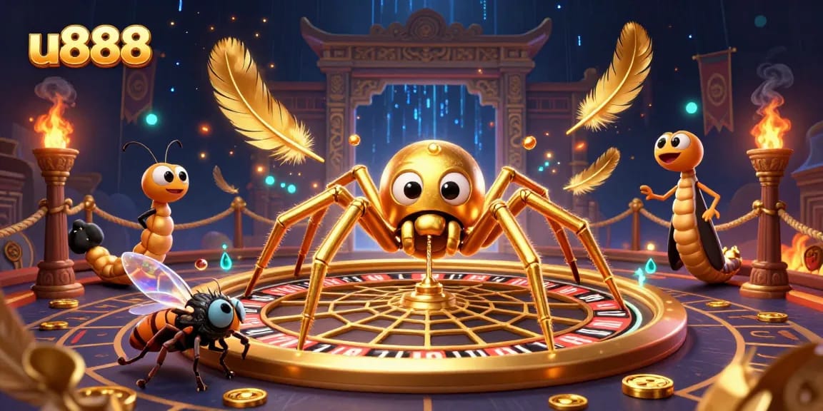 Experience the thrilling world of u888 with a 3D cartoon spider and centipede croupier in a vibrant casino setting.