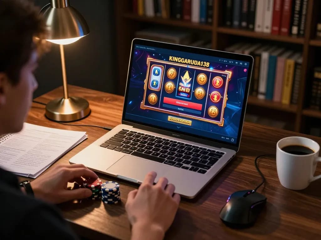 Engaged player using KINGGARUDA138 platform for online gaming, showcasing vibrant slot machines and strategic betting.