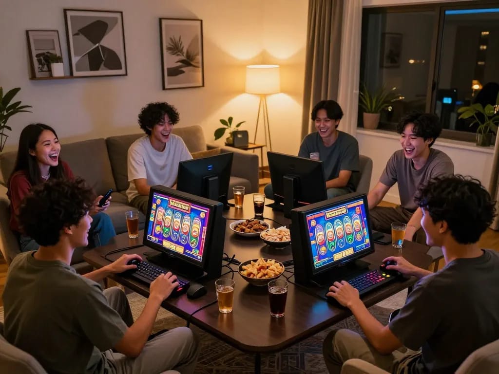 Engaging group of friends playing slot gacor on devices in cozy home gaming setup.