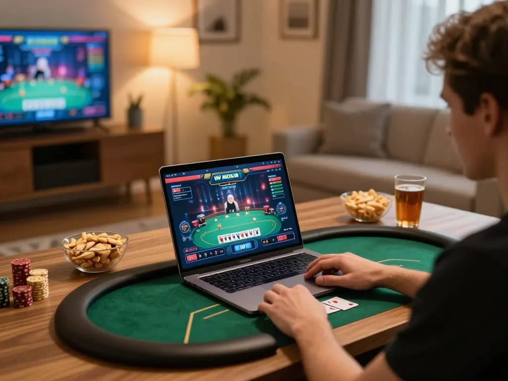 Experience thrilling poker gameplay at home with iWin on a cozy laptop setup.