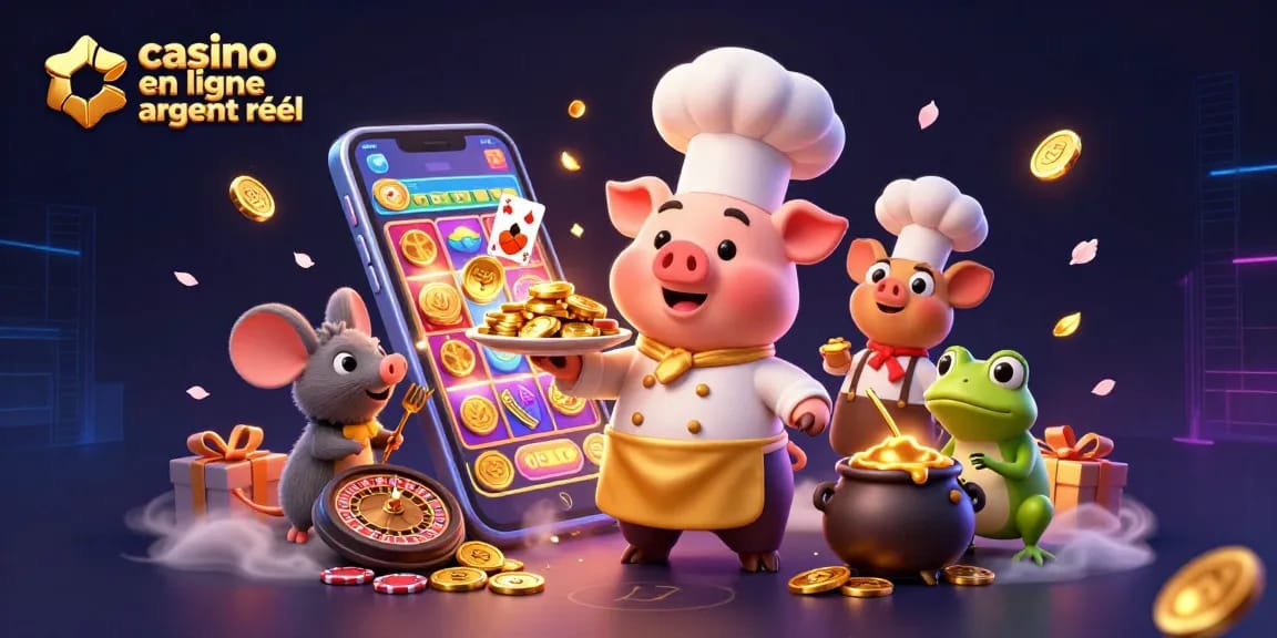 Profitez du jeu dans un casino en ligne argent réel avec un chef cartoon et des pièces d'or.