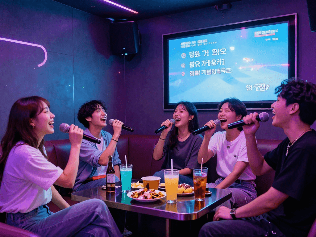 달토 가라오케에서 친구들과 함께 즐겁게 노래하는 모습, 현대적이고 스타일리시한 분위기