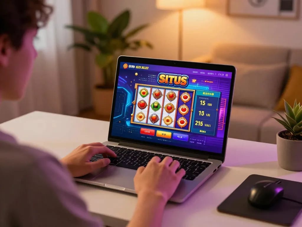 Engaging in situs slot gaming on a laptop in a cozy home setup.