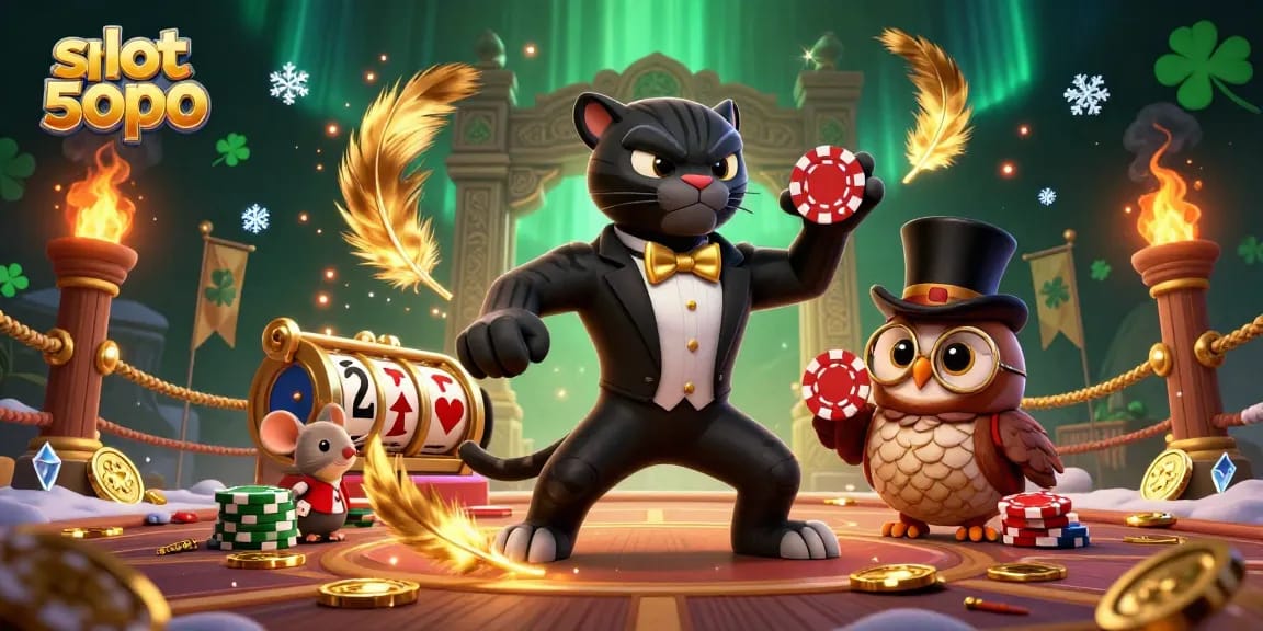Play slots like a pro with slot depo 5000, featuring a tuxedo panther, an owl, and gold coins.