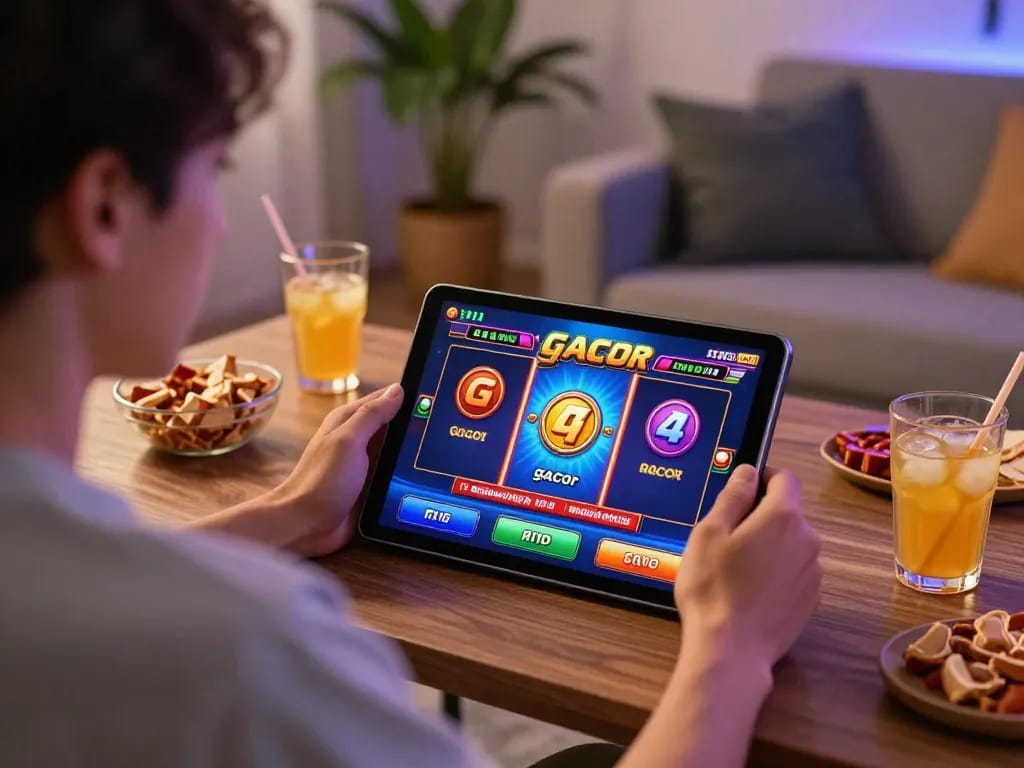 Experience slot gacor excitement with a player enjoying online gaming on a tablet in a cozy home setting.