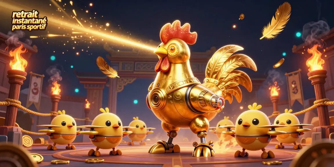 Retrait instantané paris sportif illustré par un robot poulet futuriste entouré de jetons d'or et d'effets de feu.