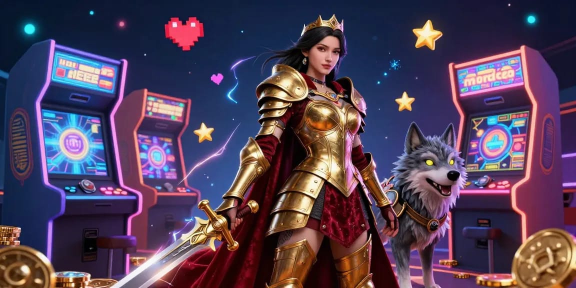 Engage in judi bola betting with a warrior queen and her mystical wolf amidst vibrant casino game elements.