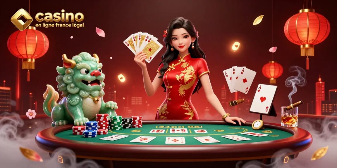 Interagissez avec casino en ligne france légal à travers une illustration 3D mettant en avant des éléments de poker et une dame en robe somptueuse.