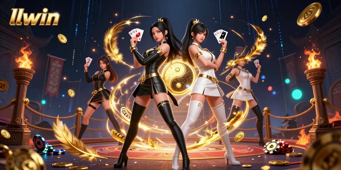 Experience thrilling gameplay with llwin, featuring dynamic characters holding playing cards amidst dazzling casino elements.