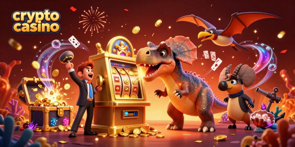 Récoltez des gains dans un crypto casino avec un pachycephalosaurus s'acharnant sur une machine à sous dorée