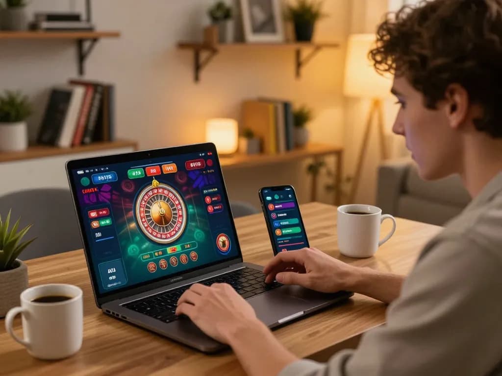 Player explores 3win's online casino, engaging with a dynamic live roulette game on a sleek laptop setup