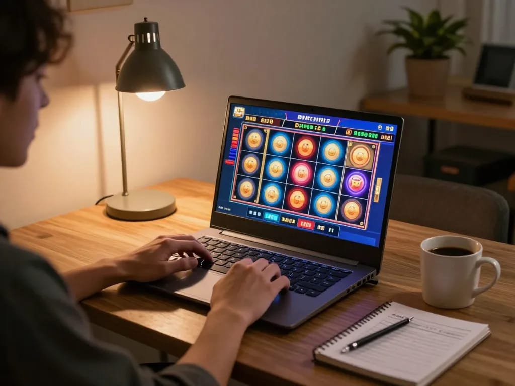Engaging in BK8 online gaming with vibrant slots on laptop in a cozy setting