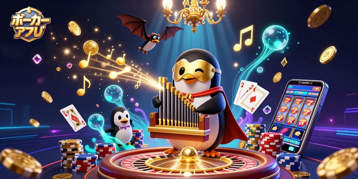 ポーカーアプリで遊ぶカートゥーン風のペンギンとバットのアクロバットが描かれた賑やかな画像