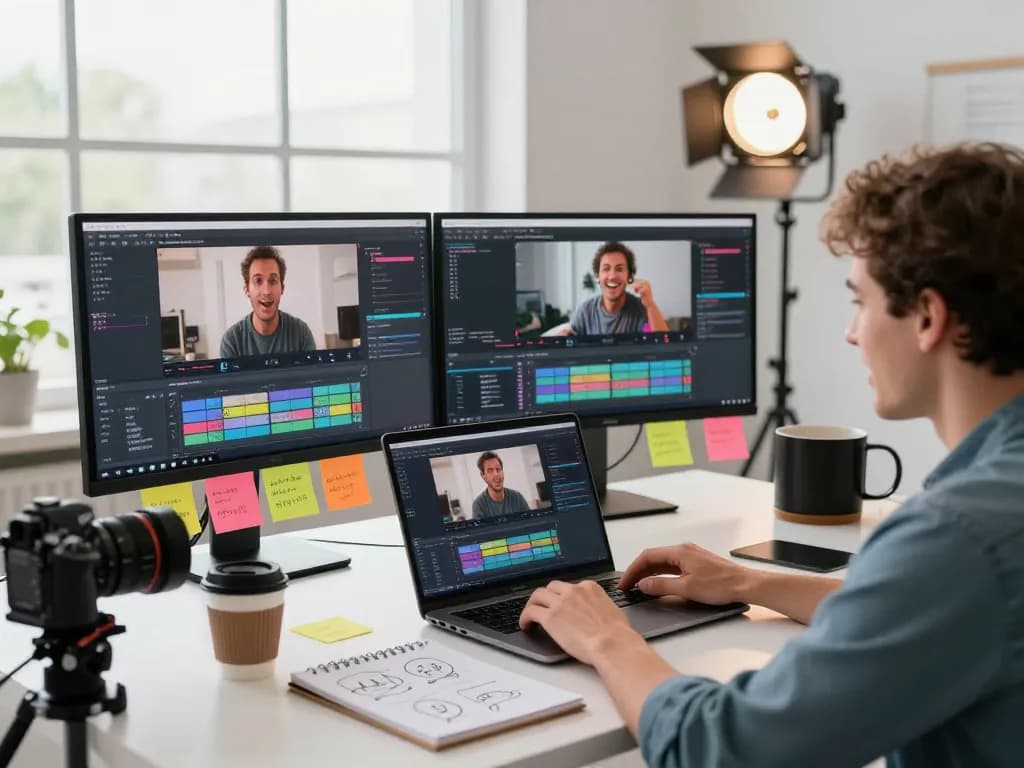 Engaging workspace showcasing a video to promptgenerator analysis in action with monitors displaying AI video prompts.