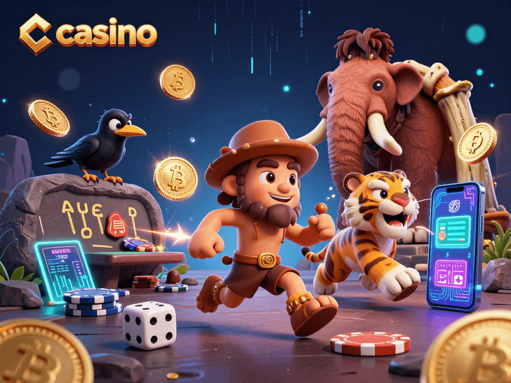 Illustration of a vibrant casino scene with caveman duo, showcasing innovative gambling elements