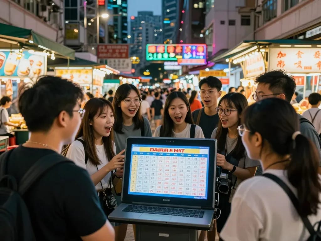 People excitedly viewing Data HK lottery results on a digital screen in vibrant Hong Kong nightlife.