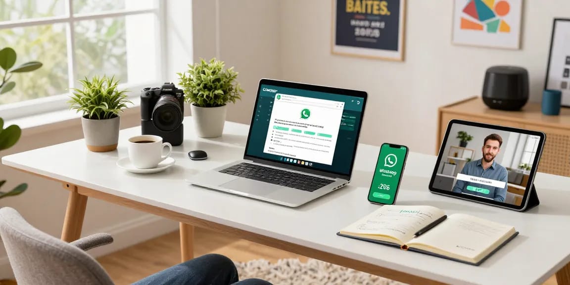 A person using WhatsApp網頁版 on a laptop in a modern home office, highlighting technology integration.