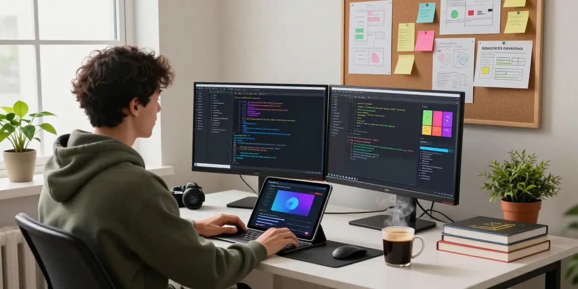 Developer working on Advanced Android animations and MotionLayout in a cozy workspace filled with design tools and vibrant screens.