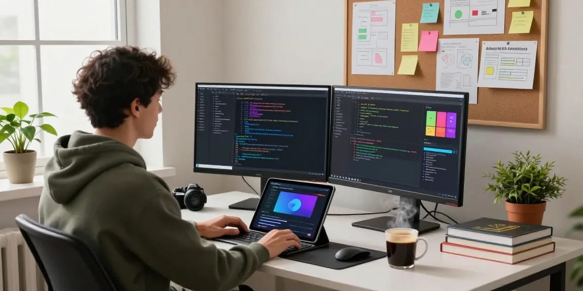 Developer working on Advanced Android animations and MotionLayout in a cozy workspace filled with design tools and vibrant screens.