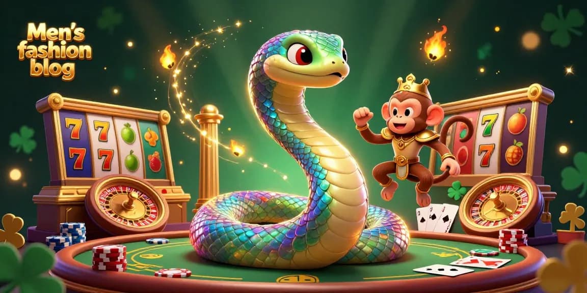 Engage in thrilling gameplay on Men’s fashion blog with vibrant casino elements featuring a rainbow serpent and a monkey king.