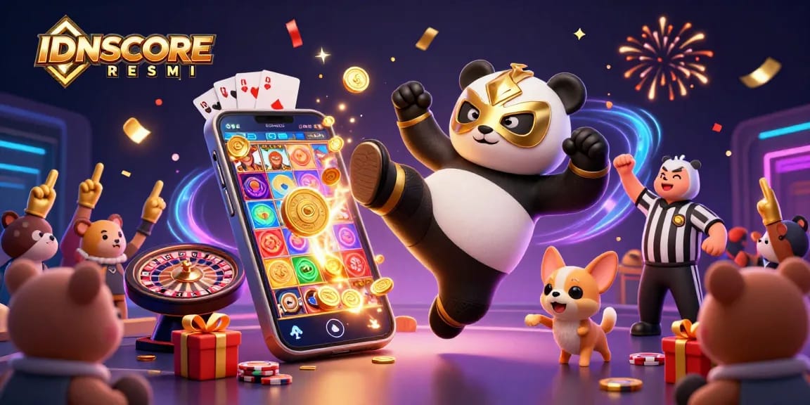 Celebrate victories at IDNSCORE RESMI in a vibrant casino scene with playful characters and gambling elements.