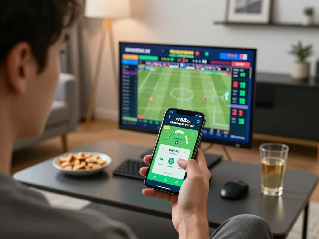 Placing live bets using rr88co app on smartphone in a cozy home setting.