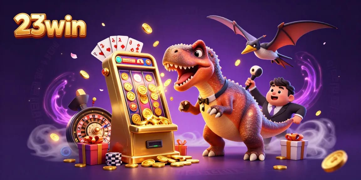 Engage in thrilling slot action at 23win as a dinosaur celebrates jackpot wins amidst casino chaos.