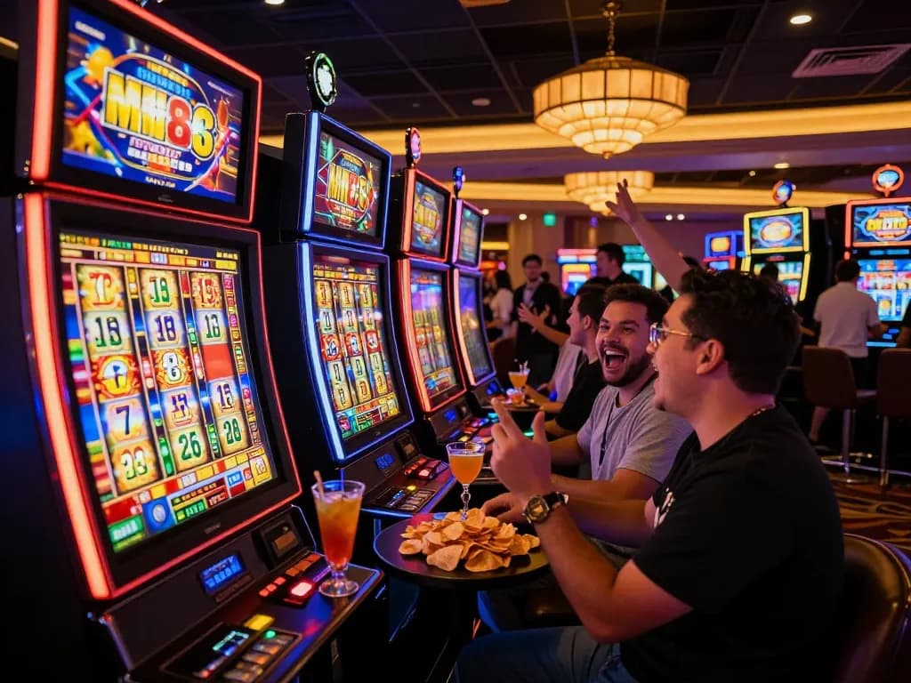 Players celebrating a jackpot win at MM88 slot machines in a vibrant casino atmosphere.