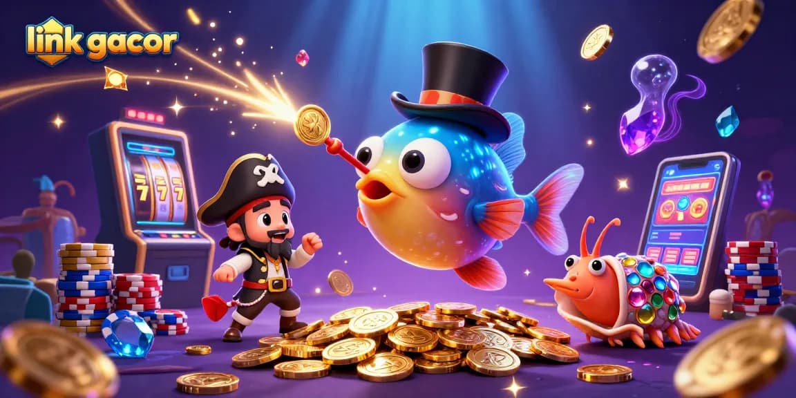 Engage with link gacor as the anglerfish attracts golden coins in a vibrant casino underwater scene.