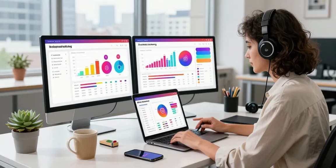Digital marketer analyzing active Instagram followers growth in a modern urban office.