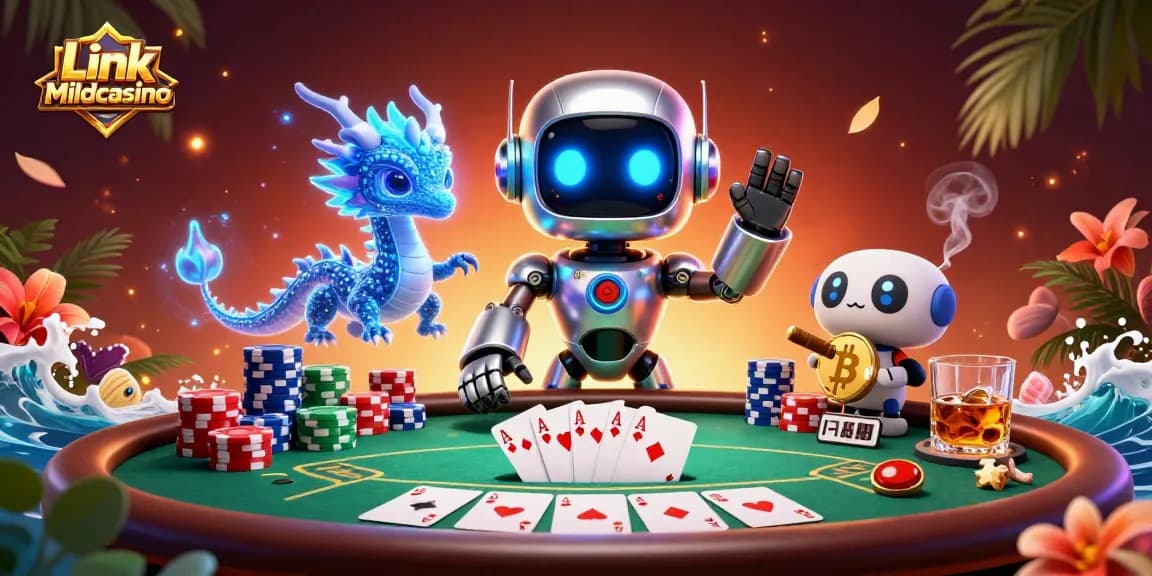 Engage with Link Mildcasino at a vibrant poker scene featuring neon characters and rich casino elements.