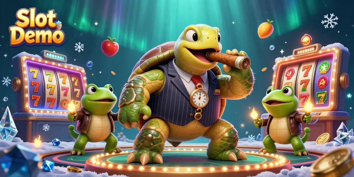 Play the Slot Demo with a vibrant scene showcasing a turtle and bullfrogs celebrating victories.