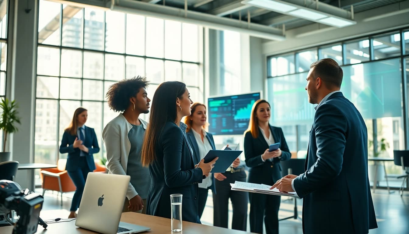 Besucher auf https://alvionz.de/ in einem modernen Büro, das Zusammenarbeit symbolisiert.
