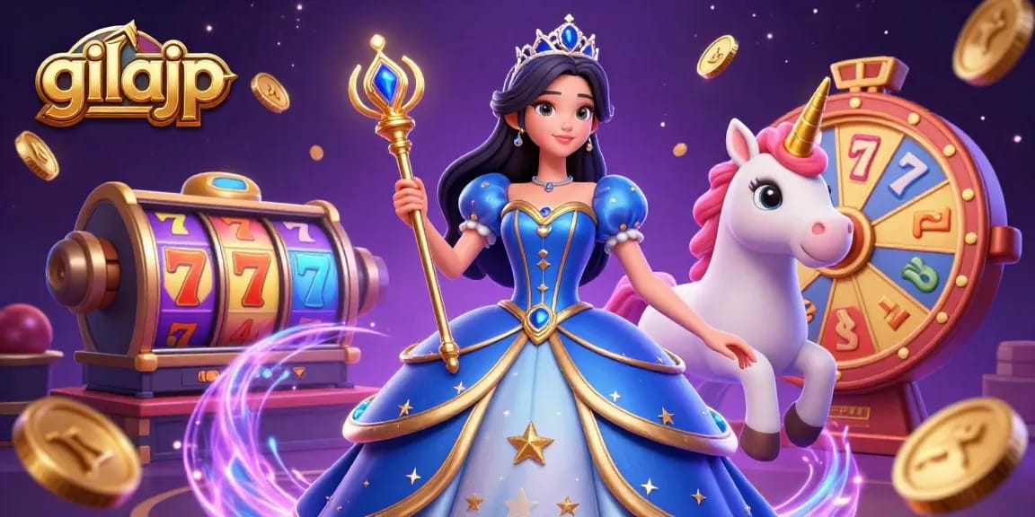 Engaging casino illustration showcasing "gilajp" with dynamic slot reels and magical elements for enhanced excitement.