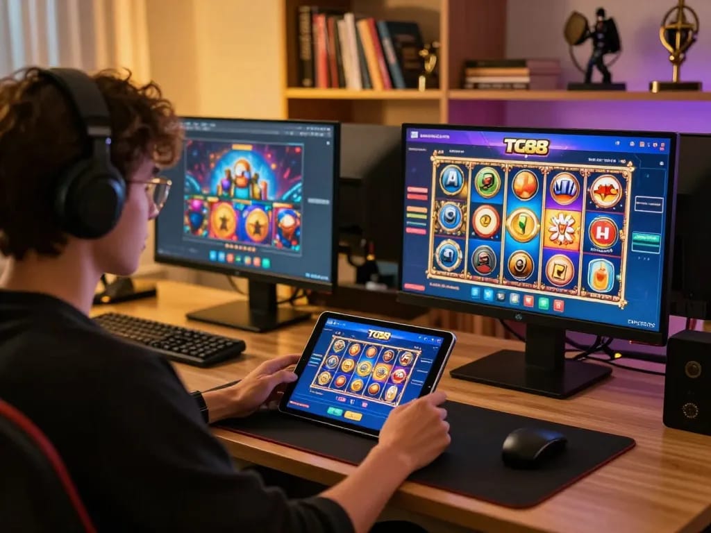 Player engaging with the TG88 online casino app to explore exciting games and features