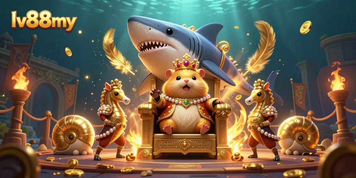 Experience casino excitement at lv88my with an underwater-themed 3D illustration featuring a hamster king and vibrant game elements.