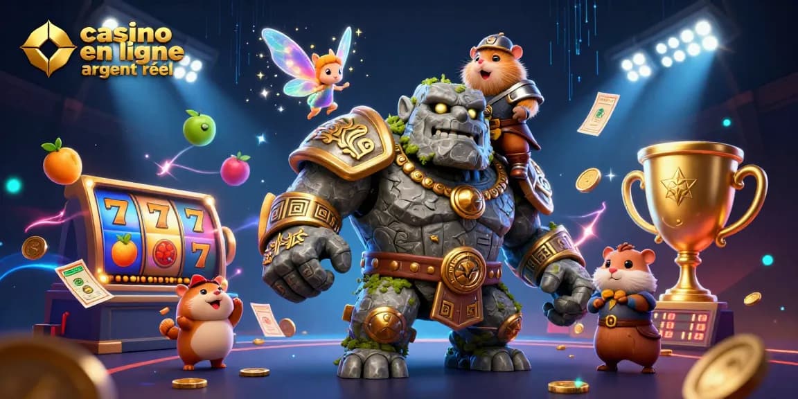 Découvrez casino en ligne argent réel avec un golem et un hamster chevalier dans une scène dynamique.