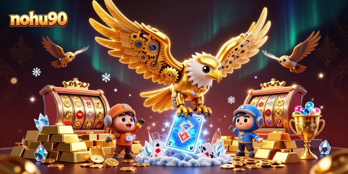 Win big at nohu90 with a vibrant 3D casino scene showcasing jackpot reels and treasure.