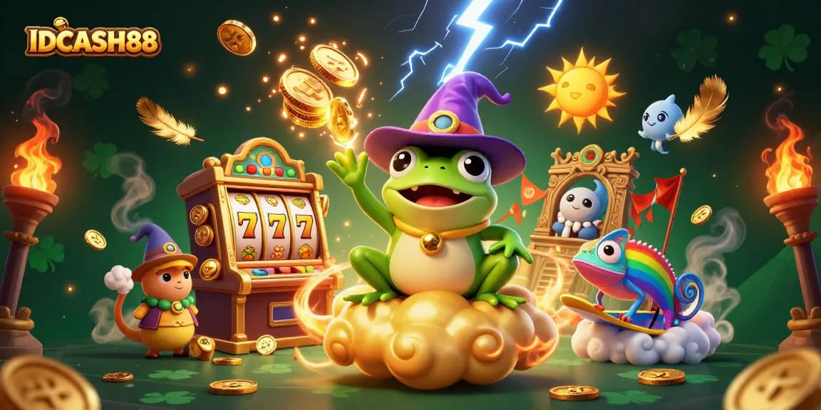 Win big with IDCASH88 in an enchanting 3D casino scene filled with vibrant gold coins and excitement.