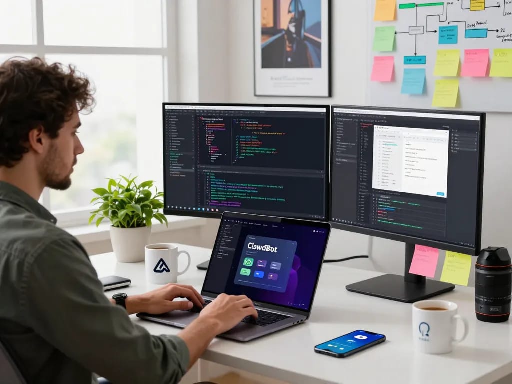 Developer using ClawdBot AI on laptop in a modern workspace, surrounded by coding tools and tech decor.